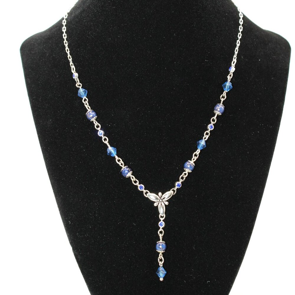 Blue Beads With Metal Flower Necklace